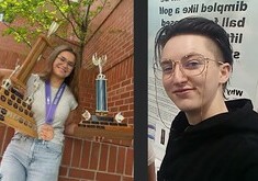 Claire Friesen holding two trophies. Oceana Jones stands in front of a science fair display.
