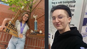 Claire Friesen holding two trophies. Oceana Jones stands in front of a science fair display.
