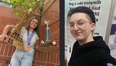 Claire Friesen holding two trophies. Oceana Jones stands in front of a science fair display.