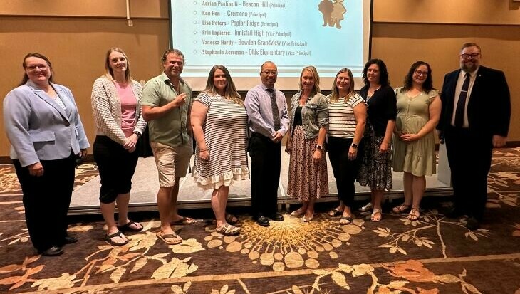 new school administrators with Board Chair Holly Bilton and Superintendent Ryan Sawula